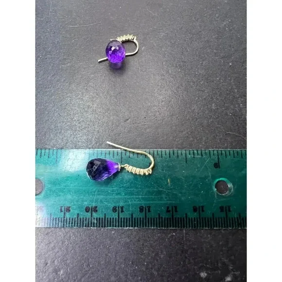 14k gold amethyst briolette and diamond dangle earrings